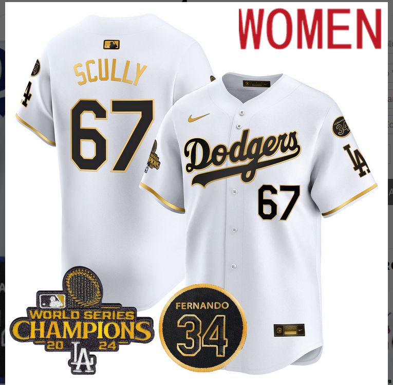 Women MLB Los Angeles Dodgers #67 Scully white 2024 World Series Champions Patch Limited Jersey style 2->women mlb jersey->Women Jersey